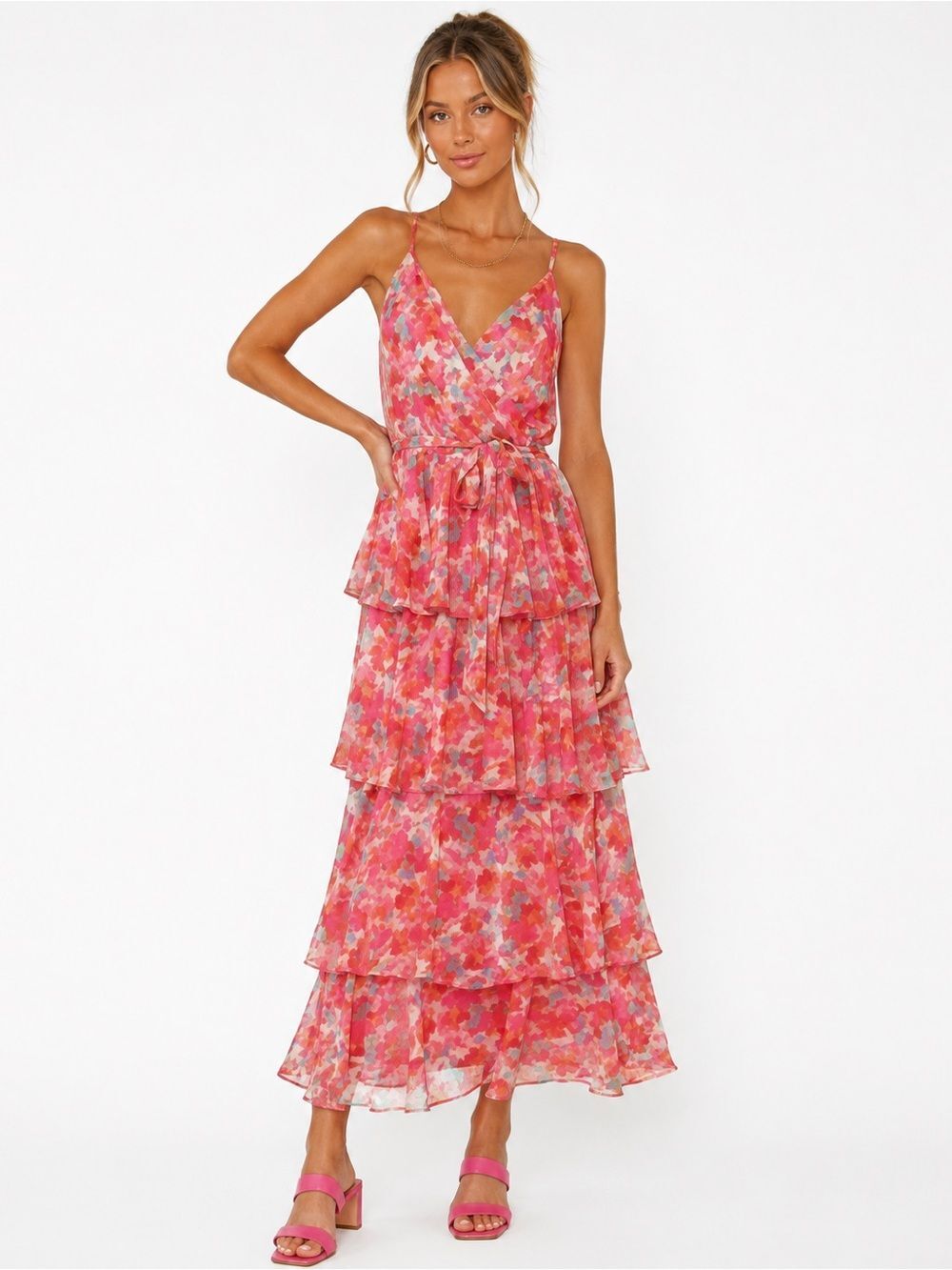 Adelyn Rae Ruffle Floral V-Neck Spaghetti Strap Open Back Tiered Maxi Dress S